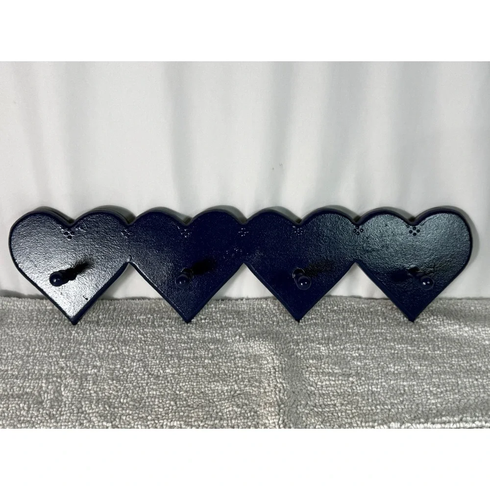 Vintage Navy Blue Wooden Heart Wall Rack 4 Hook Country Home Decor